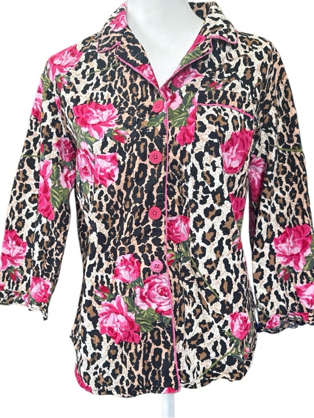Nick & Nora Leopard Print Pajama Top with Pink Roses